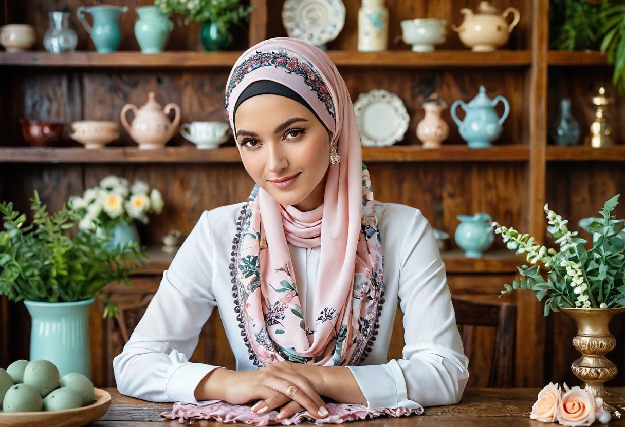 A stylish woman wearing a beautifully patterned hijab with elegant embellishments, surrounded by an array of chic headwear options displayed on a vintage wooden table. Soft natural light illuminates the scene, highlighting a peaceful ambiance that exudes joy and modesty. The background features lush greenery and a soft pastel color palette to evoke elegance and calmness. fashion-forward elements and playful accessories subtly enhance the overall aesthetic. super-realistic. vibrant colors. soft background.