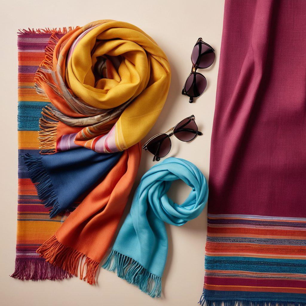 A fashionable flat lay featuring an array of colorful scarves in various textures, accompanied by stylish accessories like statement earrings and chic sunglasses. Set against a soft, elegant fabric backdrop to convey luxury and comfort. Each scarf displays unique patterns to represent different moods. Ideal lighting to emphasize the vibrant colors and textures. bright, airy aesthetic. soft focus.