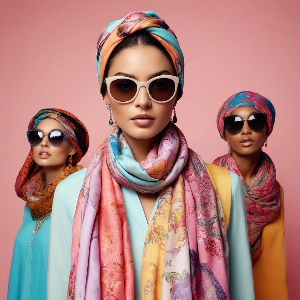 A vibrant and colorful display of fashionable headscarves beautifully arranged against a soft pastel background, featuring diverse models of various ethnicities wearing the scarves in stylish ways. The scene embodies elegance and creativity, with playful patterns, textures, and flowing fabric, evoking a sense of joy and empowerment. Include some accessories like sunglasses and jewelry to elevate the modest outfits. super-realistic. vibrant colors. soft pastel background.